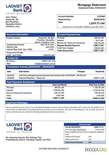 Laos Lao, Viet Bank relevé hypothécaire Modèle Word et PDF